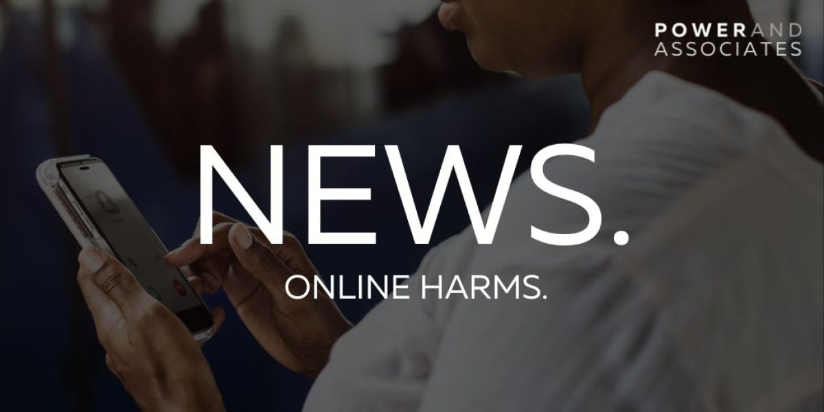 Background image, darkened, of a person looking at a mobile phone. Title: News, Online harms